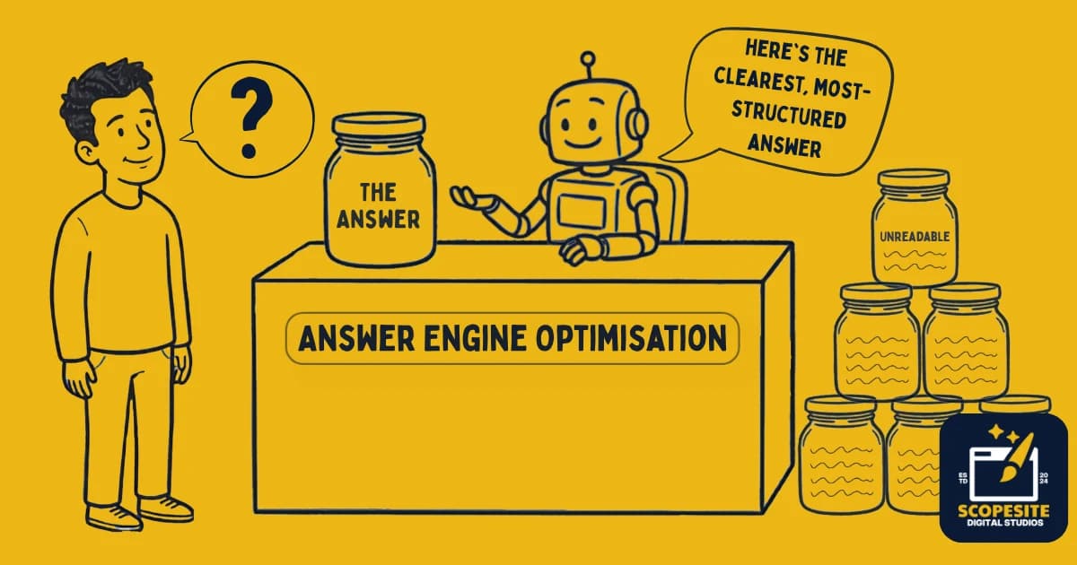 Cartoon robot behind a counter labelled Answer Engine Optimisation, holding up the one clearly labelled jar marked The Answer and saying here's the clearest, most-structured answer, while a stack of jars with unreadable scribbled labels sits unchosen to the side.