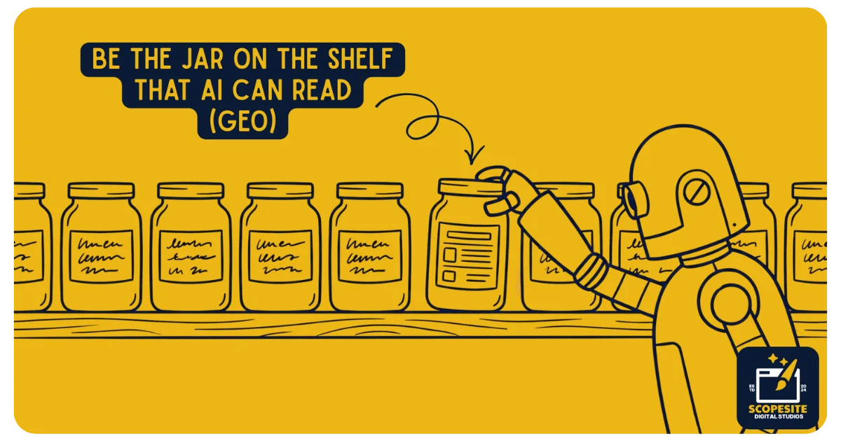 Illustration of a shelf of jars with messy unreadable labels, one jar with a clear structured label, and a robot reaching past the rest to take the only one it can read, showing that a clearly structured site is the one AI can find and recommend.