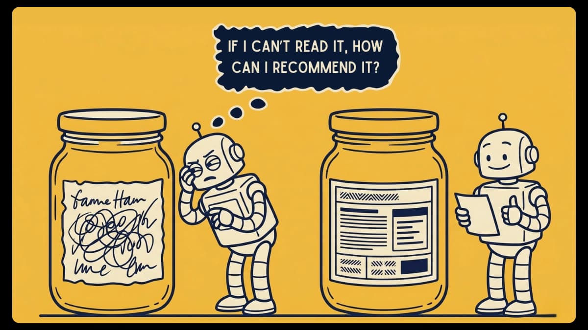 Two jars side by side: one with a messy unreadable label the robot ignores, one with a clean structured label the robot happily picks, showing that a clearly structured site is the one AI recommends.