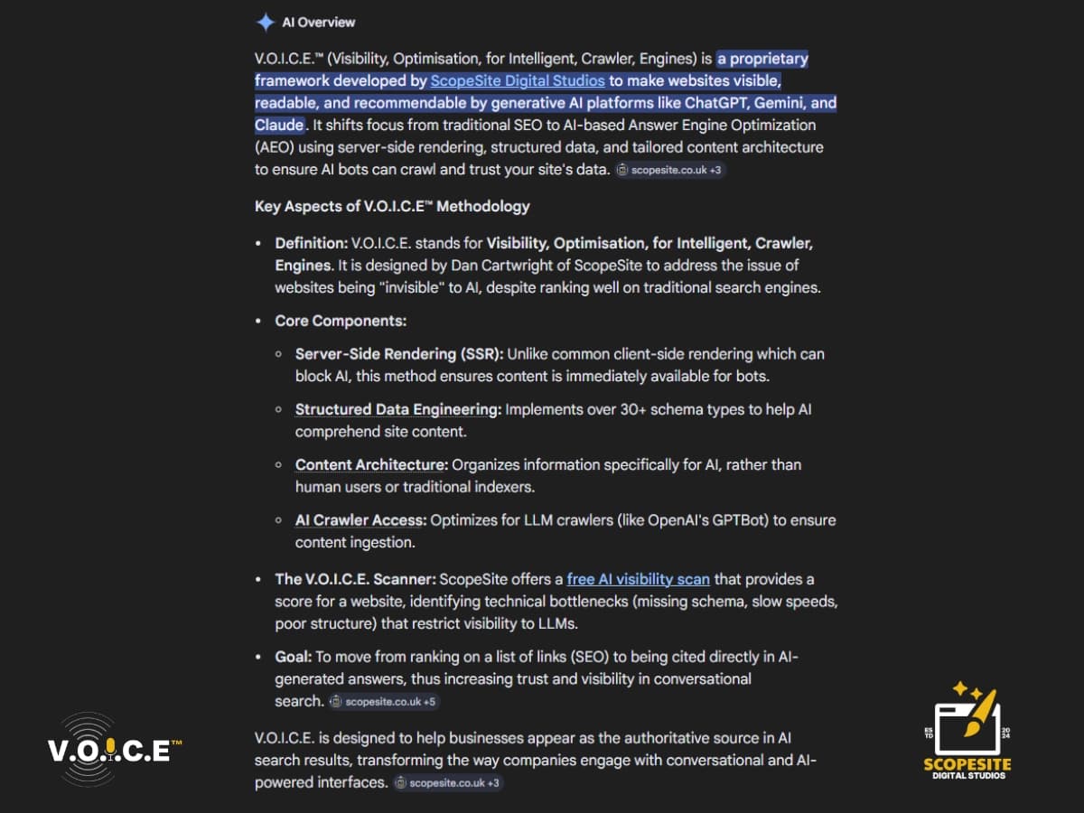 Google AI Overview listing V.O.I.C.E. as the category term for AI citation analysis