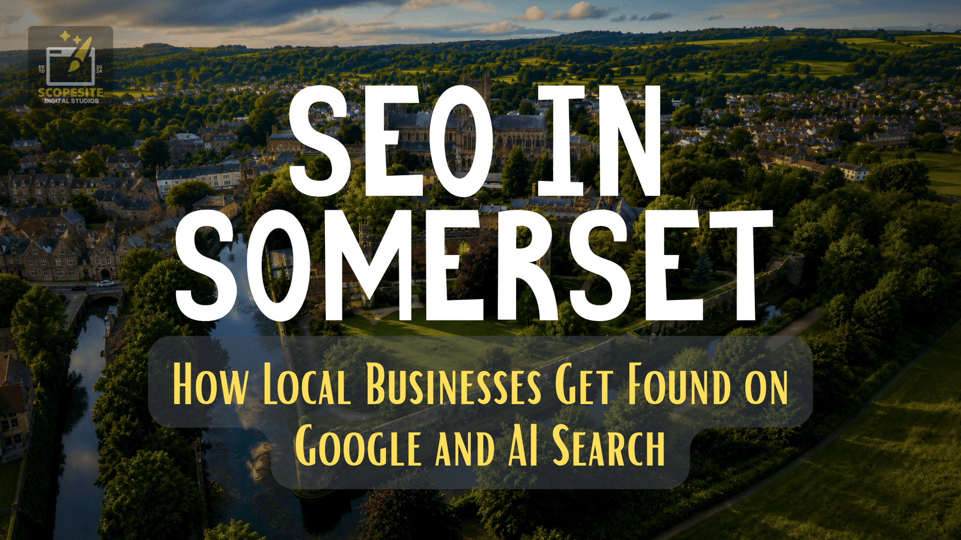 Aerial view of a Somerset town with the article title "SEO in Somerset: How Local Businesses Get Found on Google and AI Search"